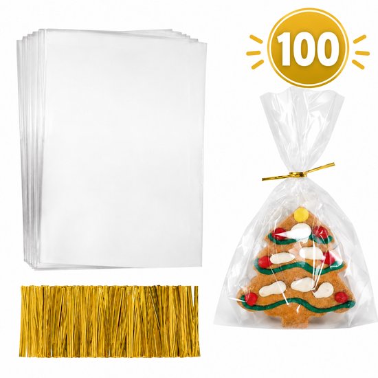 Tasse de sacs transparents 10 x 15 cm, 100 attaches dorées, et un biscuit en forme de sapin dans un sac.