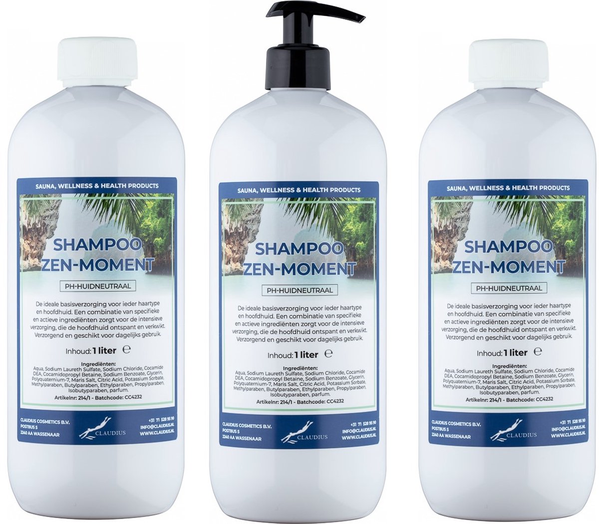 Claudius Shampoo Zen moment - 1 liter - set van 3 stuks - met gratis zwarte pomp - Voordeelverpakking - Haarverzorging
