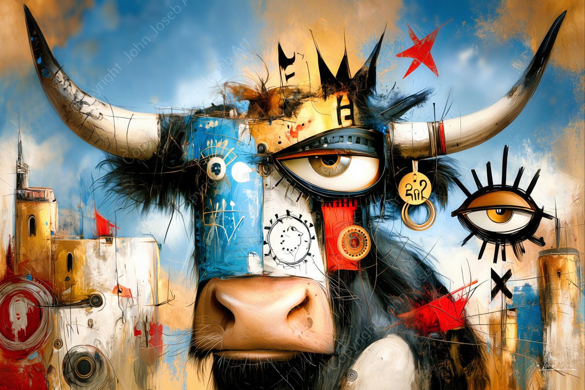 John Joseb Art (Aluminium) 60x40 | Gekke grappige koe /stier met groot oog, humor, kleurrijk, abstract, kunst, dier, wit, rood, bruin, blauw, modern | foto-schilderij op dibond, metaal wanddecoratie Aluminium, dikte 3 mm