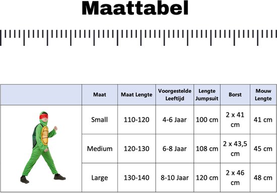 Maattabel voor een Ninja Schildpad verkleedpak met afmetingen voor kleine, middelgrote en grote maten.