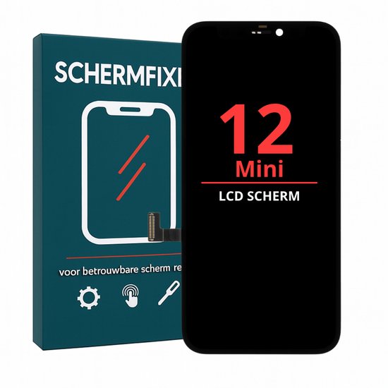 iPhone 12 Mini LCD scherm met "12 Mini LCD SCHERM" tekst. Naast de telefoonverpakking met "SCHERMFIXI" en "voor betrouwbare scherm re".