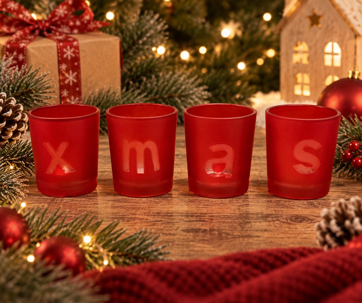 XMAS Waxinelichthouders Rood – Set van 4 – Kerst Theelichthouders – Glazen Windlichten