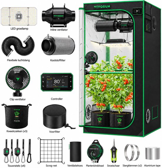Grote 90 x 90 x 180 cm Kweektent Set met 300 W LED Plant Lamp, Volledig Spectrum, Koolstoffilter en Ventilator