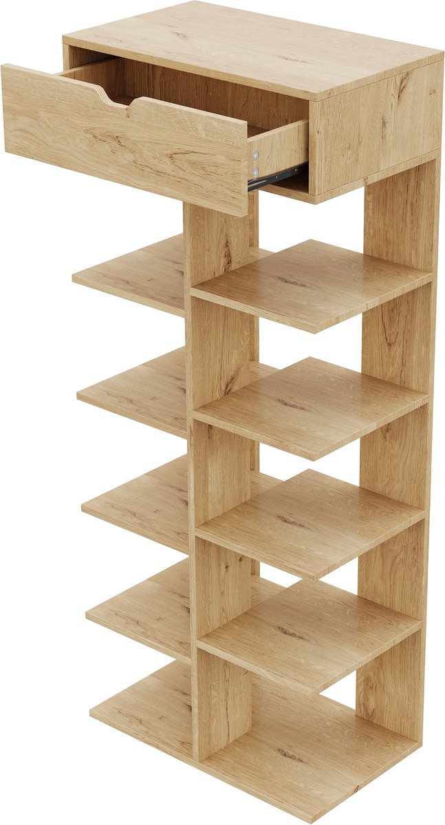 Schoenenkast Met Lade - Open Schoenenrek Met 10 Vakken - Smalle Opberger Voor Hal En Entree - Natuurlijke Houtlook - 55 x 33 x 133 cm