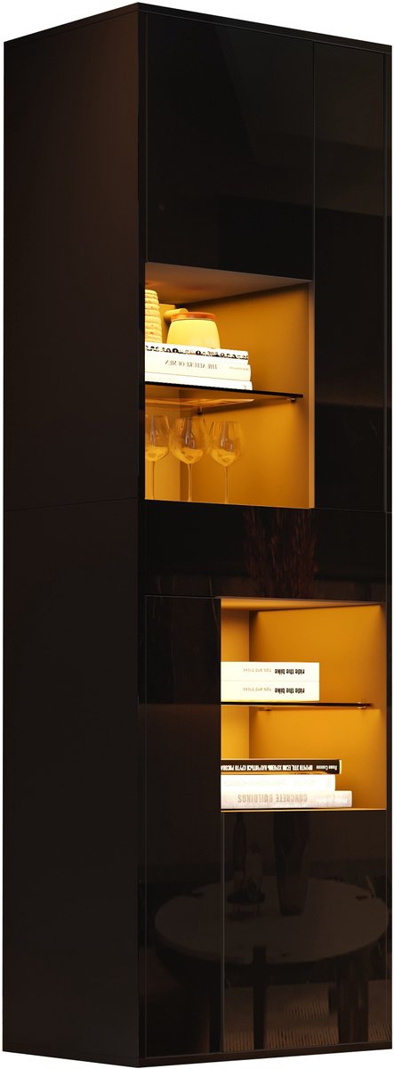 Vitrinekast Met LED-Verlichting - Hoge Glaskast Met 1 Lade En 4 Kasten - 11 Opbergvakken Voor Woonkamer - Zwart Spaanplaat Met Glas
