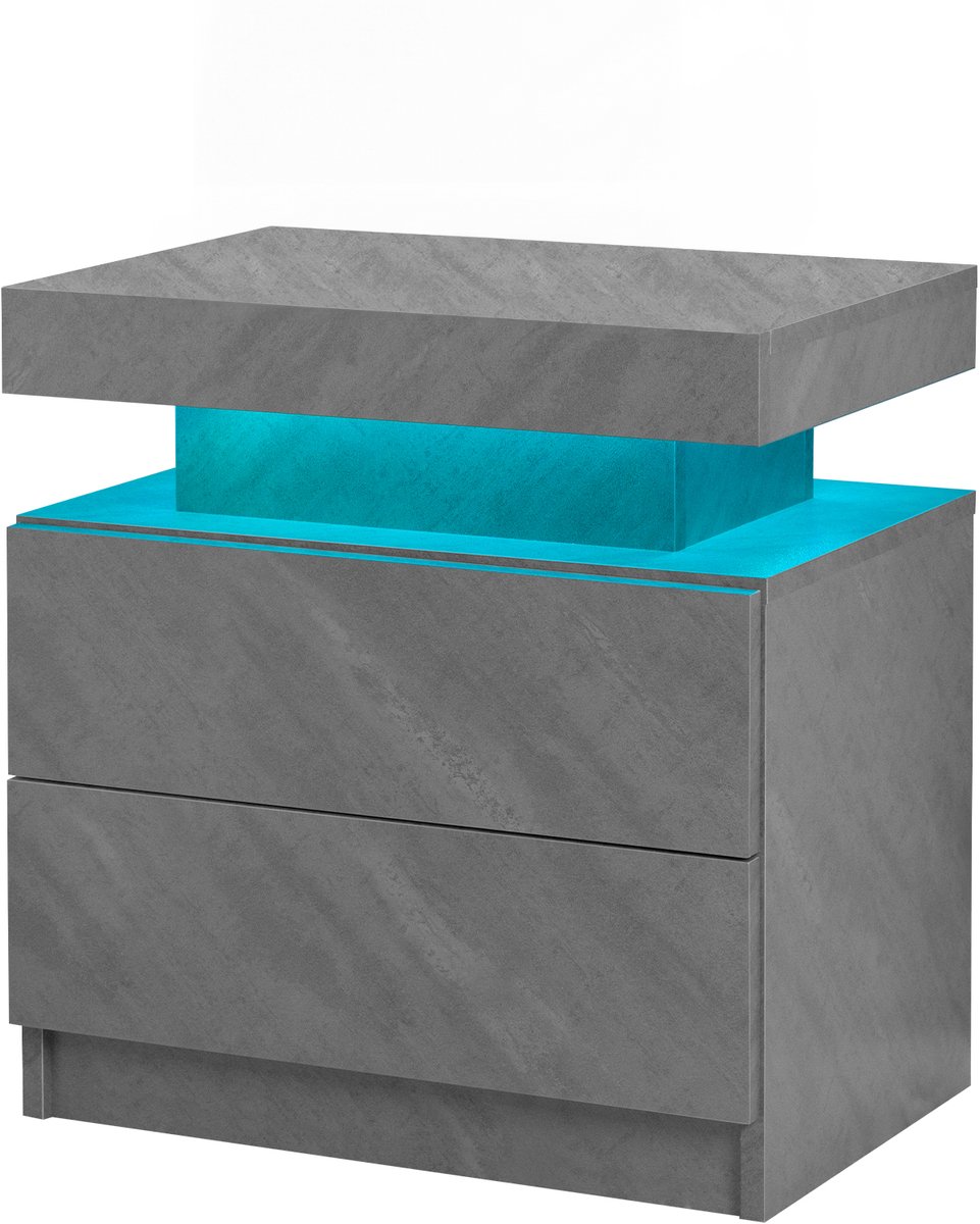 Ropilly Nachtkastje met LED Verlichting - Donkergrijze Bijzettafel met 2 Lades en Open Vak - Bewerkt Hout - Slaapkamer & Woonkamer - 50x53x36 cm Donkergrijs