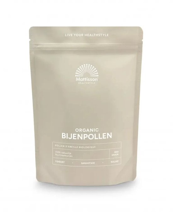 Emballage beige de Mattisson avec le texte 'ORGANIC BIJENPOLLEN 300 GRAM'. Convient pour yaourt, smoothie et salade.