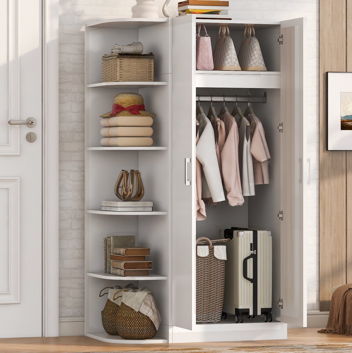 HAUSS SPOLE Kledingkast Met Dubbele Deuren - Hanggedeelte En Open Planken - Voor Slaapkamer Of Kleedkamer - MDF Metaal En Multiplex - 90x55x170 Cm - Wit