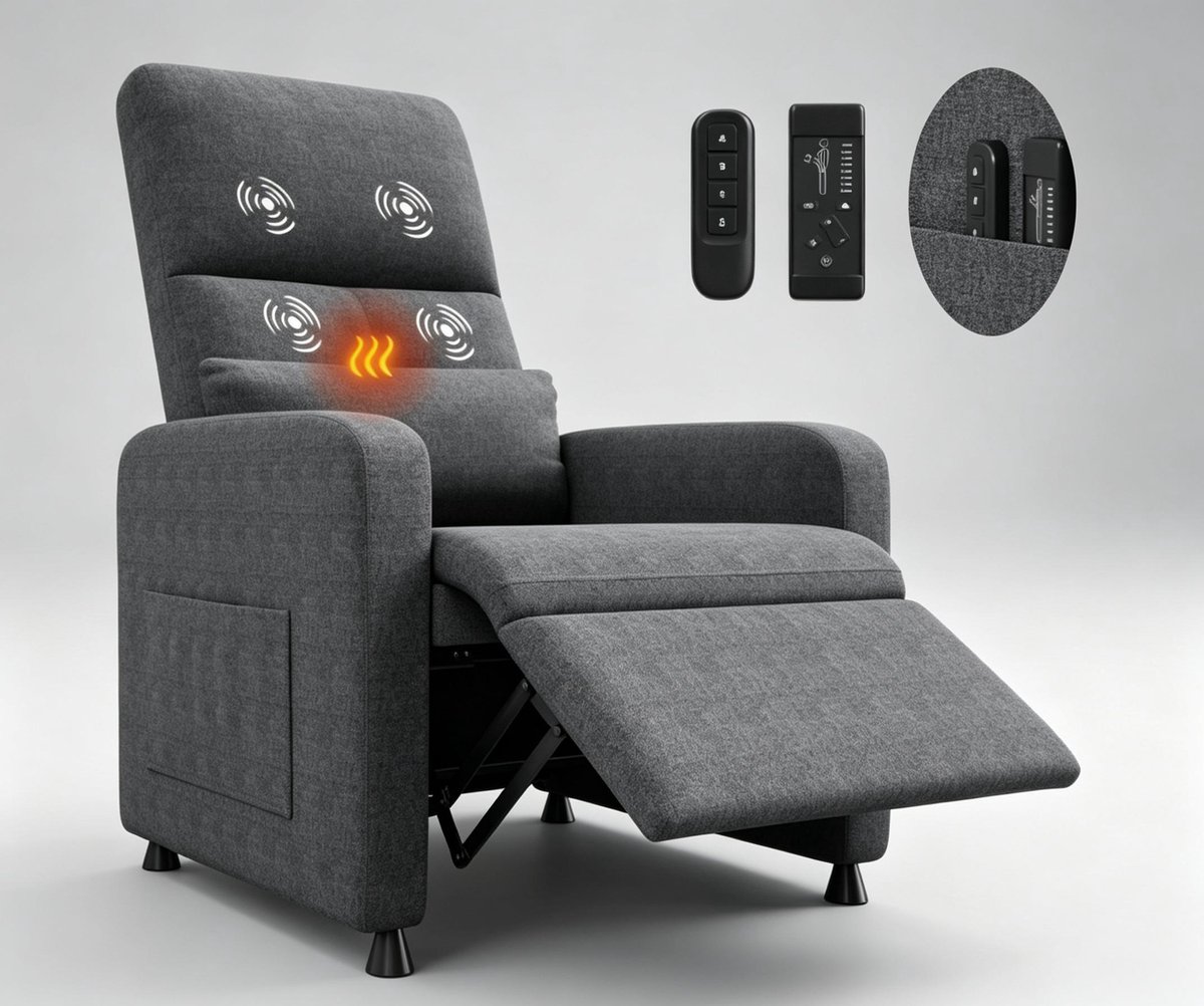 Elektrische Relaxfauteuil met Massage en Verwarming - Grijs - Linnen Uitstraling - Met Voetensteun en USB - Voor Thuis