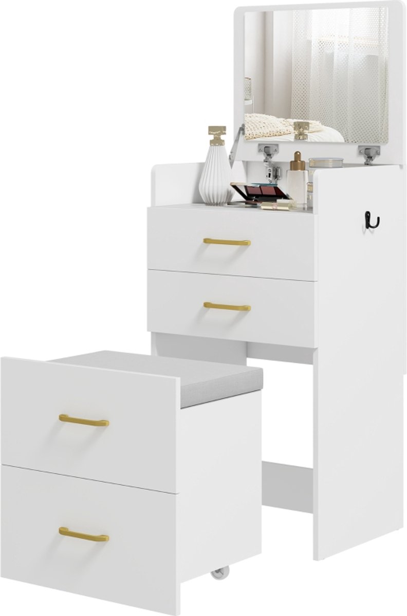 Kaptafel Met Spiegel - 3-in-1 Make-up Tafel Met Twee Lades En Kruk - Ruimtebesparend Voor Slaapkamer - Wit Hout Met Glazen Tafelblad
