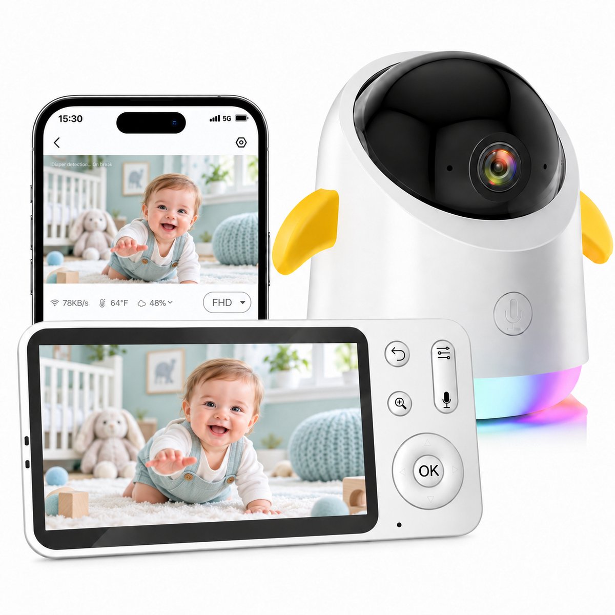 Babyfoon met Camera en App – 2K 3MP – 5 inch Scherm – 355° PTZ – Nachtzicht – Bewegings- en Huildetectie – Tweeweg Audio – 2.4 GHz WiFi