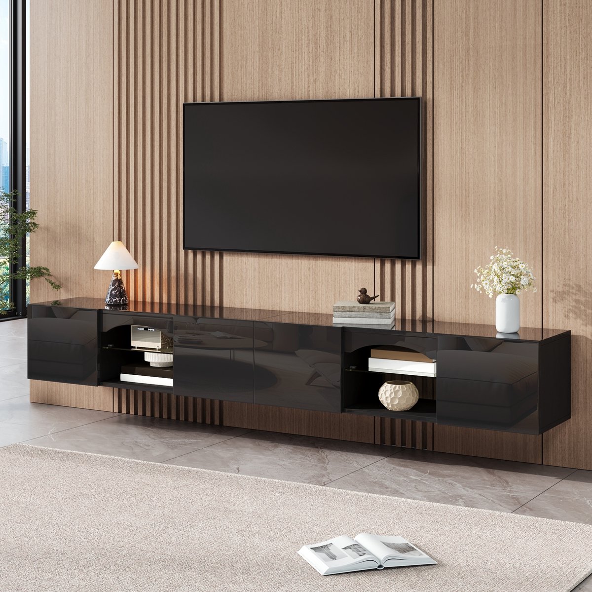 FloraGrace TV-Meubel - Hoogglans Met Ledverlichting En Appbediening - 4 Deuren En 2 Open Vakken - Spaanplaat - 200x30x28 Cm - Zwart