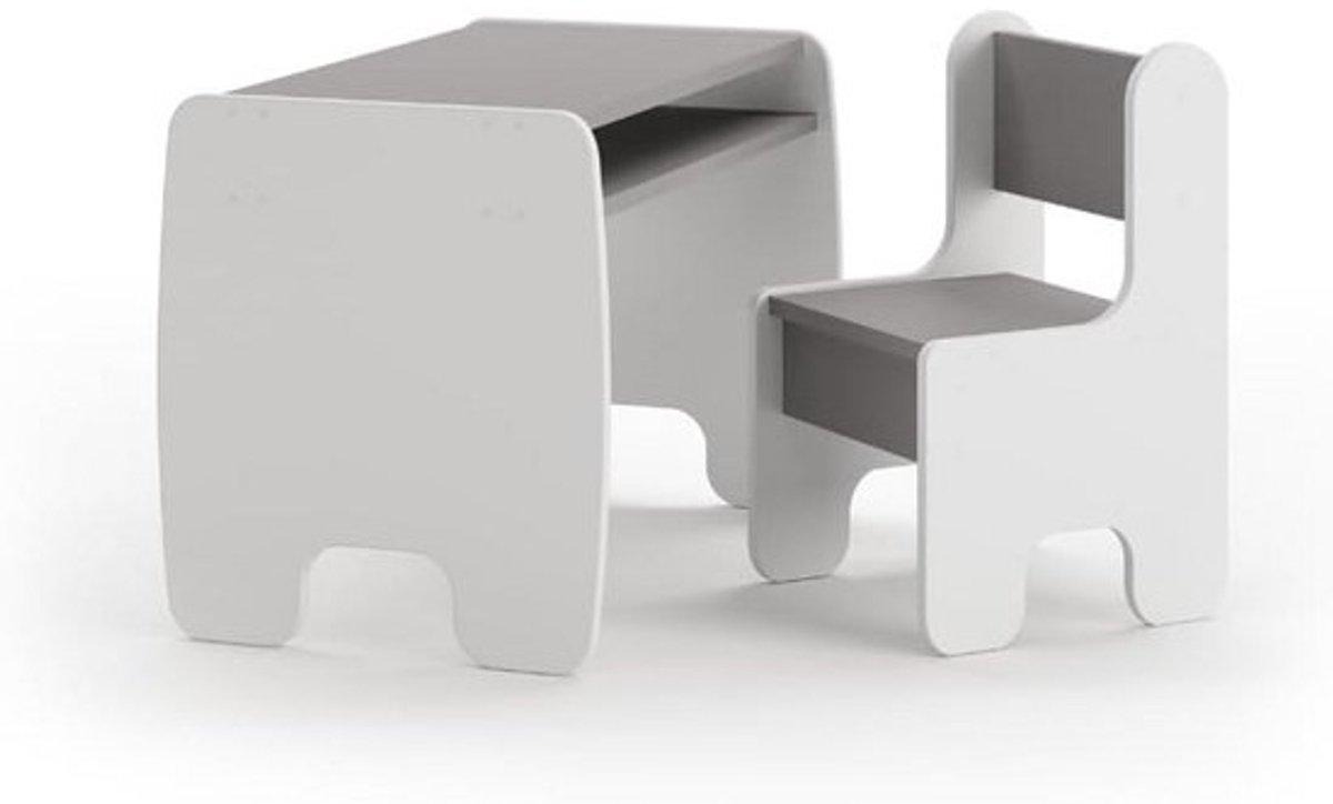 Kindertafel set met 2 stoelen | schildertafel met opberglade en afgeronde hoeken | kinderkamermeubels wit/grijs