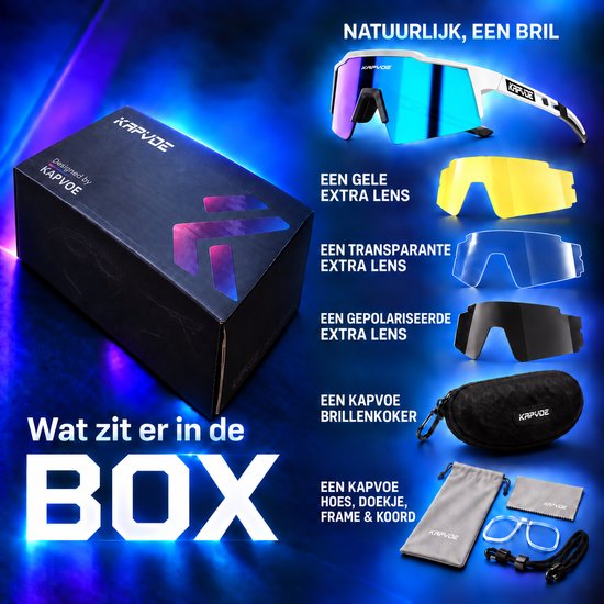 KAPVOE Sport Zonnebril - COMPLETE SET - 4 GLAZEN - Fietsbril - Sportbril - Mountainbike - Wielrennen - Ski - Wintersport - Polariserend - UV 400 - Nachtbril - Hoesje -Brillenkoker - Wit Blauw - apres ski van Kapvoe — afbeelding 3