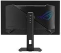 Zwarte ASUS ROG monitor met een logo en RGB-verlichting aan de achterkant.