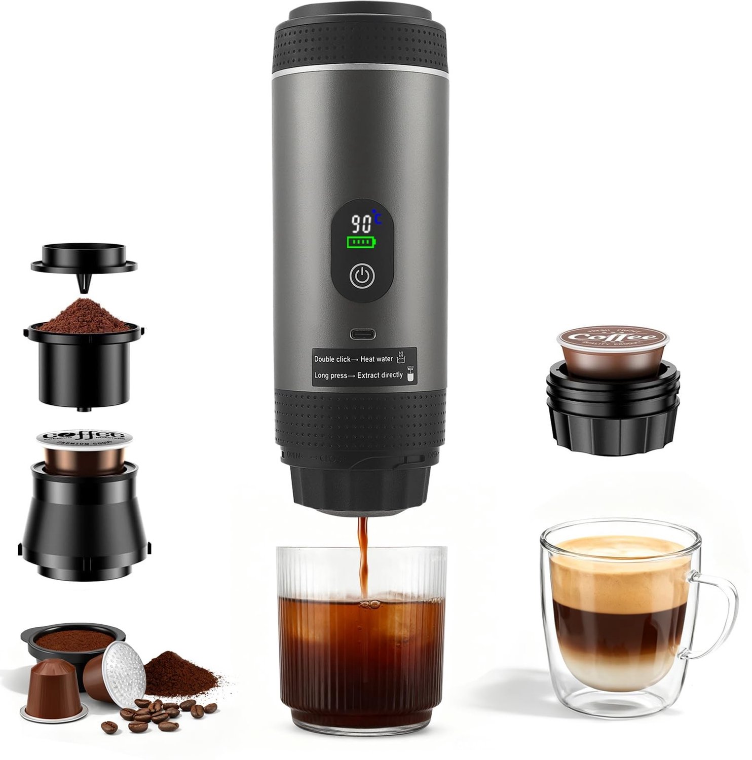 Draagbare 3-in-1 Koffiemaker met USB-C Oplader