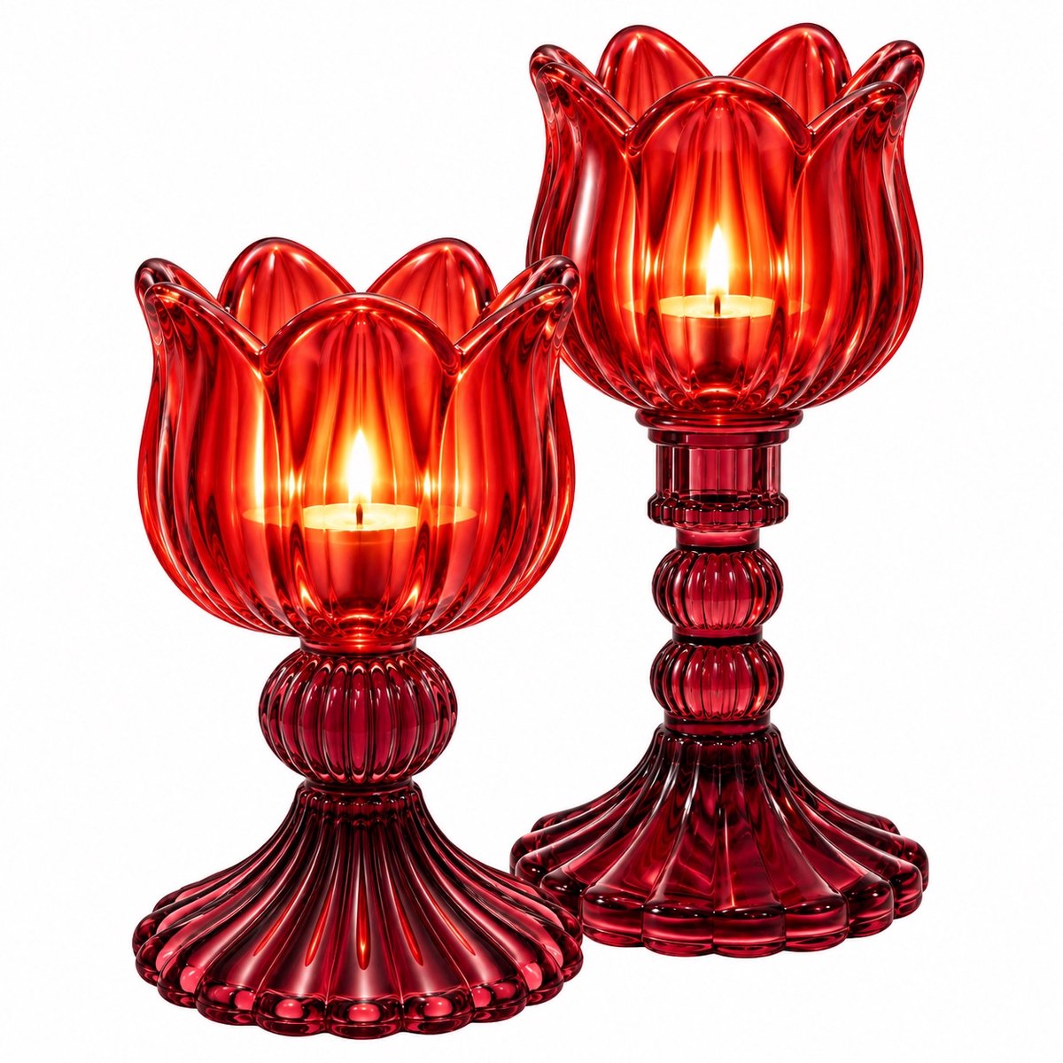 WinQ-Set Glazen kandelaren Rood/ Donkerrood-S/2 waxinelichthouders-voor Waxinelicht/Theelicht-H:14 en 20,5cm-dik glas