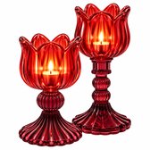 WinQ-Glazen Theelichthouder rood/bordeaux-Set 2-Waxinelichthouders-H:14 en 20,5cm
