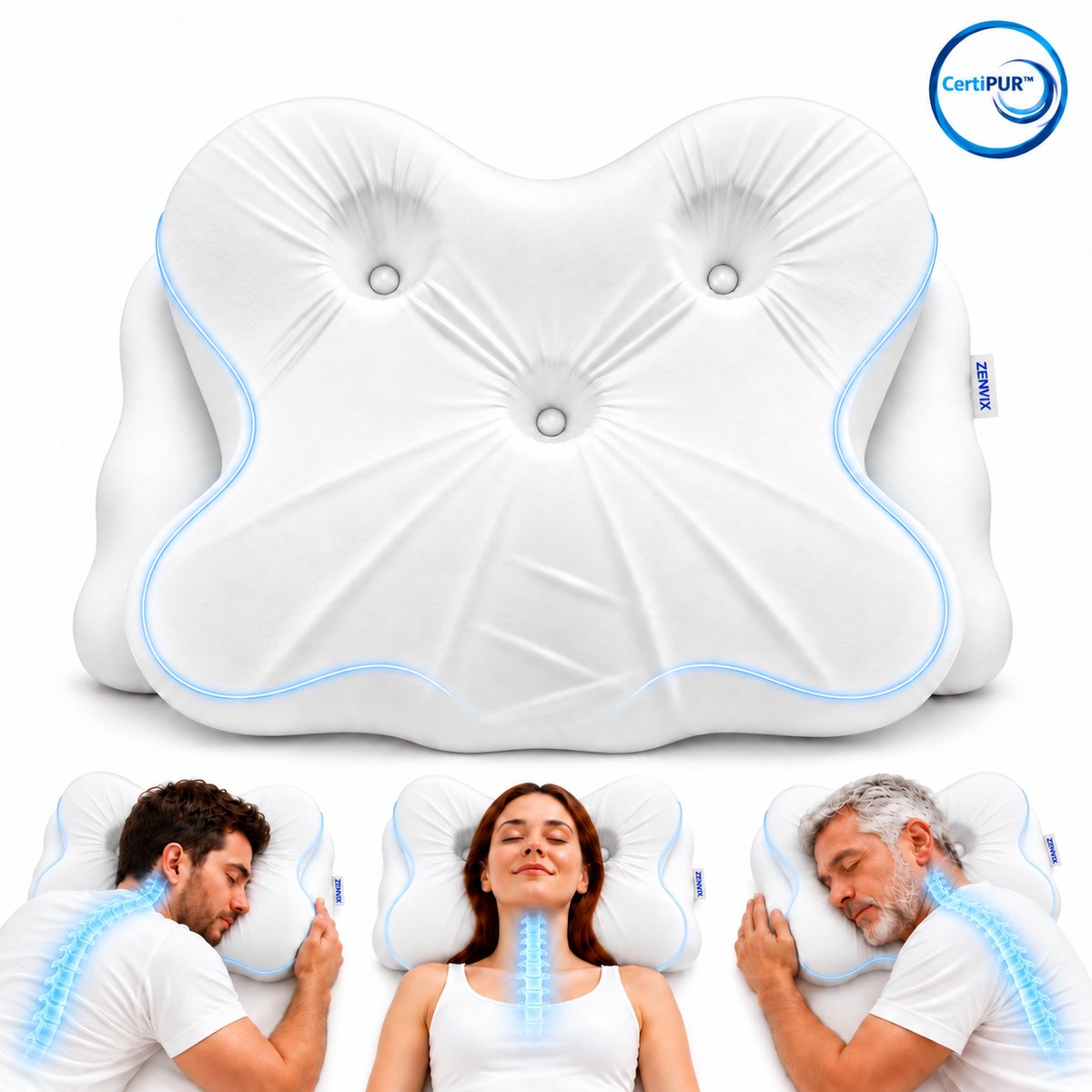 Zenvix® Vlinderkussen - Ergonomisch Hoofdkussen - 4 Zones Neksteun voor Nekklachten - Ademend - 2 Hoogtes tot 13 cm - Voor Zijslaper Rugslaper Buikslaper - 60D Traagschuim Memory Foam - Orthopedisch - Slaapkussen - Anti Snurk - 59x36x13cm