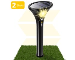 Solgaro® Solar Tuinverlichting Grondo - 2 Stuks - Tuinverlichting Op Zonne Energie - Buitenlamp met Bewegingssensor - Warm Wit Licht - Dag nacht sensor - Tuinlamp - Tuinspot - Met Grondspies