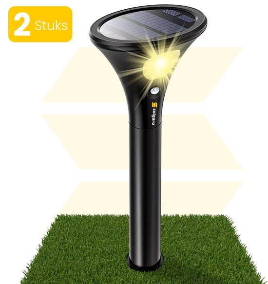 Zwarte Solgaro tuinspot met zonnepaneel en verlichting, met "2 stuks" tekst.