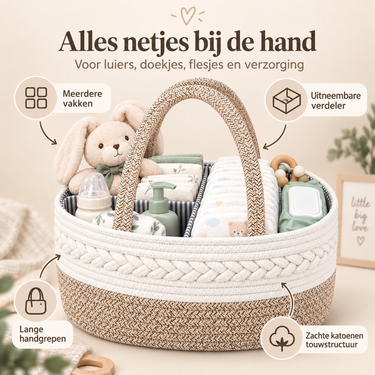 Luiermand voor Commode – Baby Organizer met Uitneembare Vakken – Commodemandje met Handvatten – 36 x 22 x 18 cm – Opbergmand voor Luiers, Doekjes & Babyverzorging – Beige – foto 6