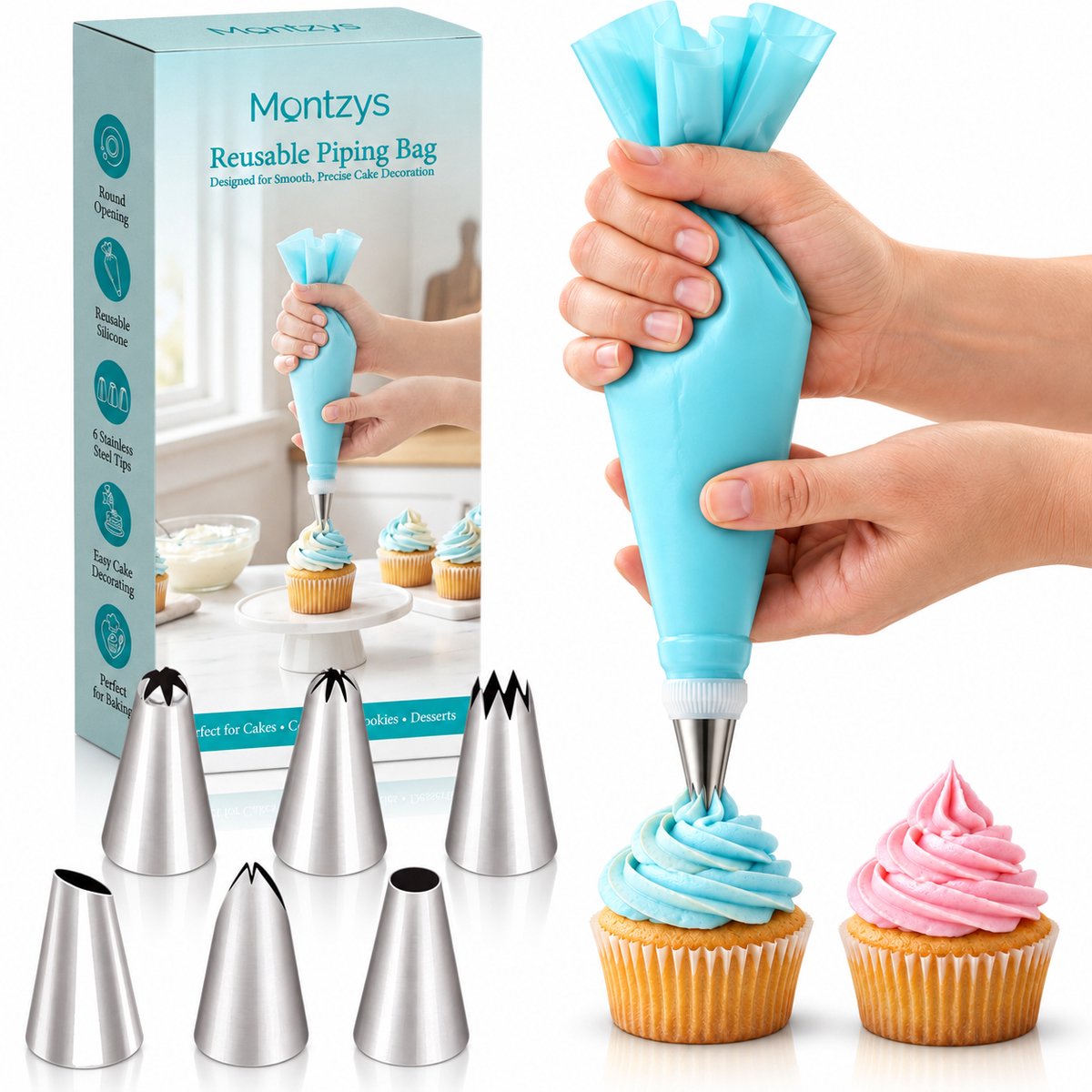 Montzys® Spuitzak met 6 Spuitmondjes - Herbruikbaar - Siliconen Garneerspuit met RVS Spuitmonden - voor Taart, Cupcakes & Slagroom
