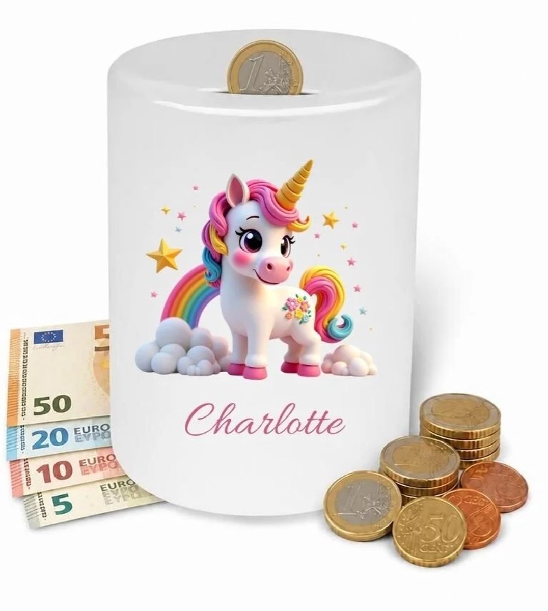 Spaarpot unicorn / eenhoorn regenboog - gepersonaliseerd - Met eigen naam - babykamer - kinderkamer - verjaardagscadeau - kraam cadeau