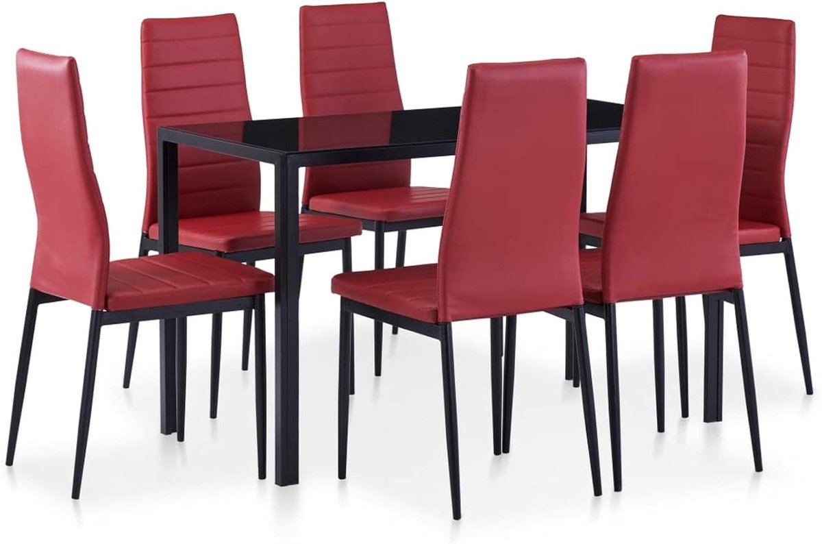 Meubelset, placemat & 6 eetkamerstoelen, tafelblad glas, eettafel en stoelen set 7-delig rood