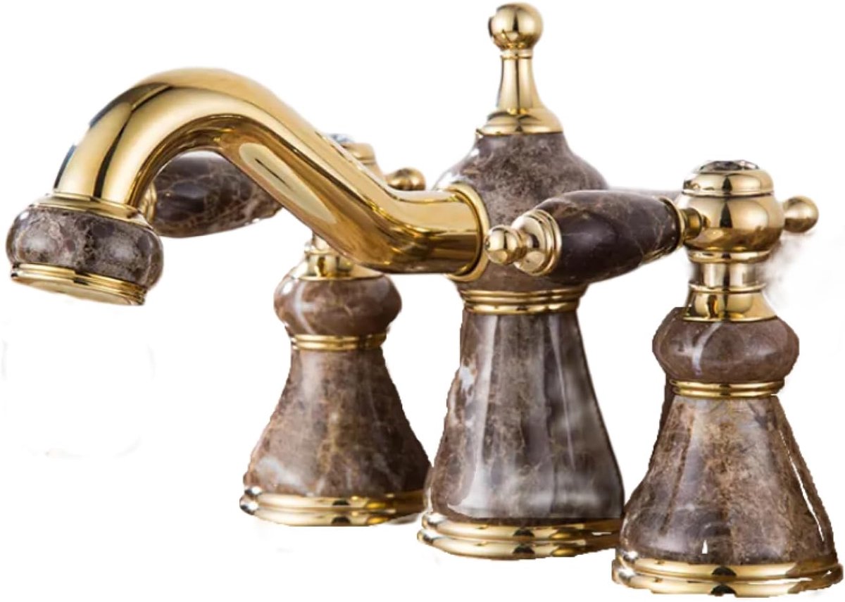 Wastafelkranen Met Natuurlijke Hars Goud Jade Hotel Drie-Gat Warm En Koud 8-Inch Split Marmeren Wastafelkraan Koffie Jade