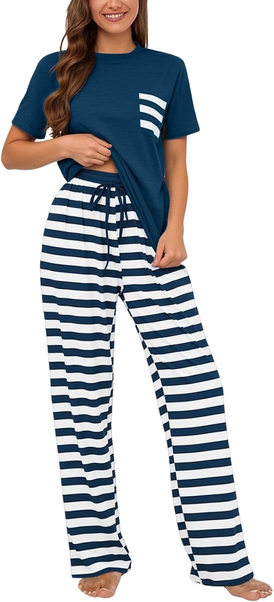 Pyjama dames katoen pyjama herfst lente nachtkleding lange mouwen slaapshirt gestreepte broek huispak met zakken