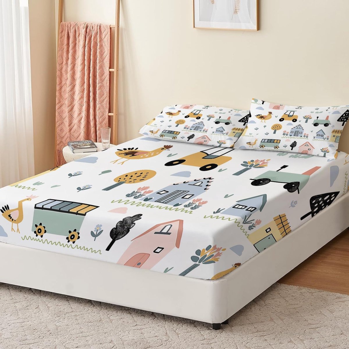 Hoeslaken, 180 x 200 cm, kindermatrasbeschermer, kindertekening, microvezel, bedlaken, voor boxspringbed, 30 cm hoog, incl. kussensloop 80 x 80 cm, meerkleurig, voor meisjes en jongens