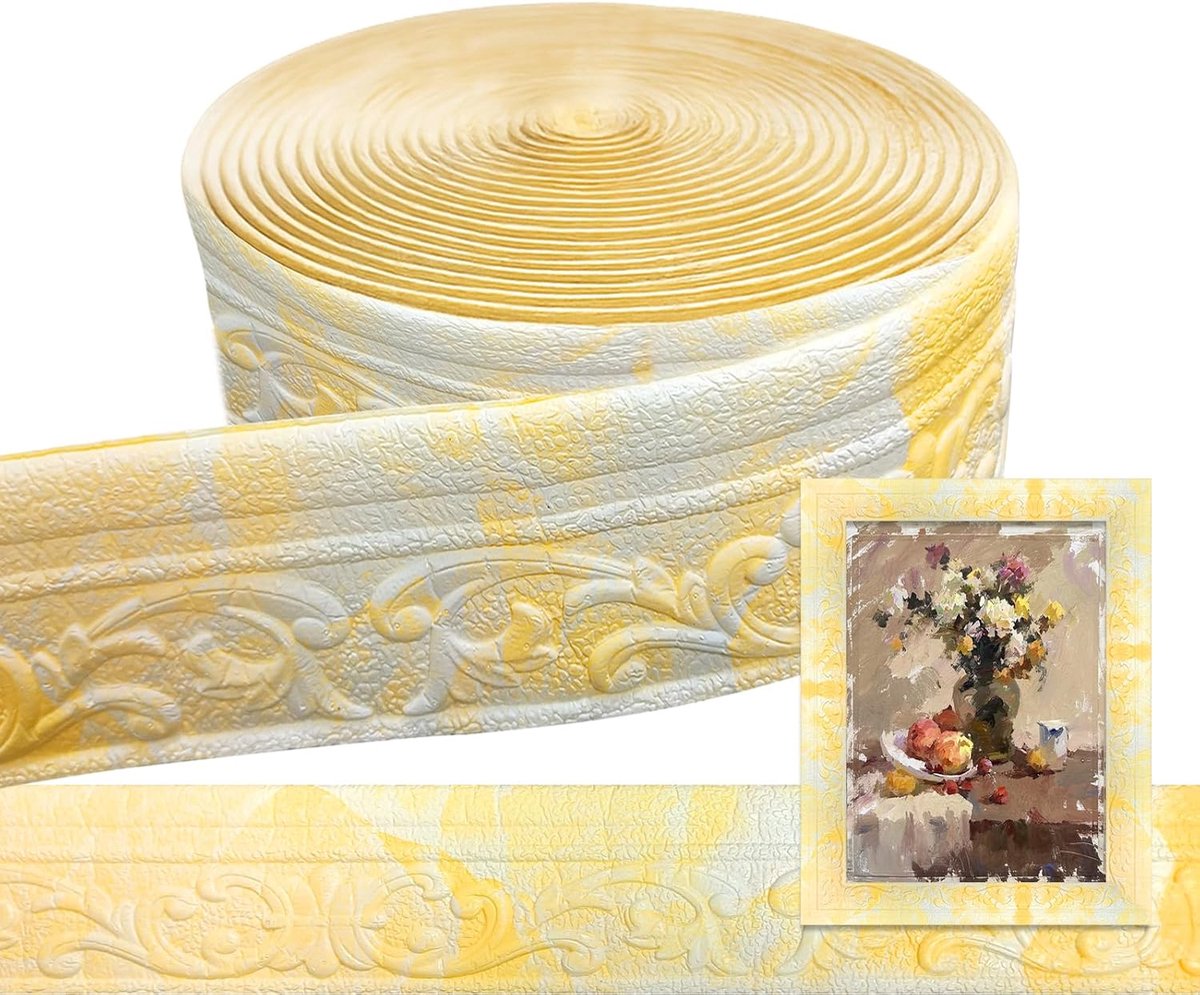 Rand, 8 cm (B) x 5 mm (D) x 10 m (L) - 3D-sierlijsten, zelfklevend, stuclijsten muur, waterdichte wandrand, lijsten, zelfklevend, voor hoeken, lijnen, plafonddecoratie, geelwit