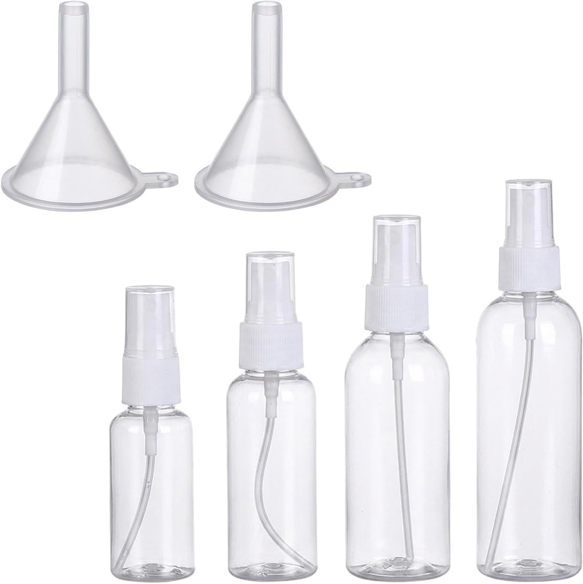 Verstuivers spuitflessen (30 ml, 50 ml, 80 ml, 100 ml) met 2 trechters, reisflessenset voor parfum, cosmetica en water, kleine spuitflessen om te vullen, fijne nevel