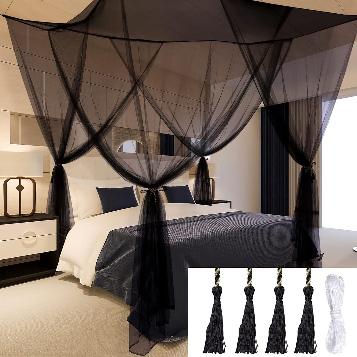 Bedhemel Gordijnen 4 Deuren Elegant Polyester Bednet voor Queen Kingsize Slaapkamer Decoratie Eenvoudige Installatie 190 * 210 * 240cm Wit (Zwart)