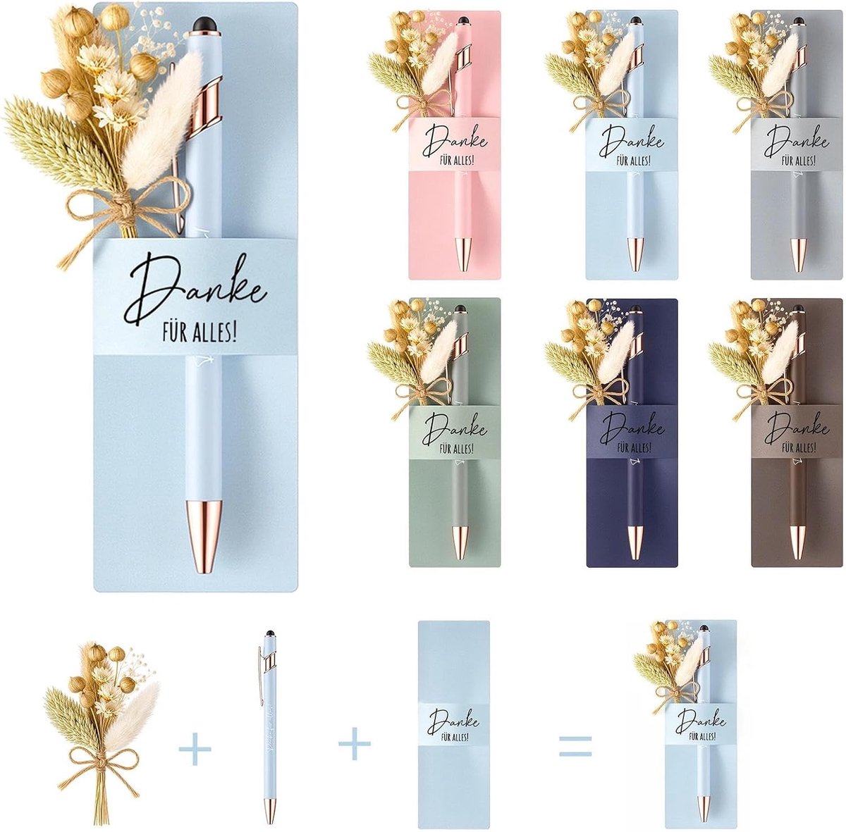 6 sets bedankgeschenksets, touchscreen-balpen, bedankpennen met gravure, boeket gedroogde bloemen en bedankkaart, voor leraren, vrienden of collega's (B)