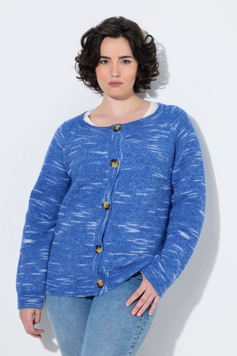 Ulla Popken - Dames - Vest gemêleerd ribbreisel ronde hals lange mouwen - Pauwenblauw - Maat 42+