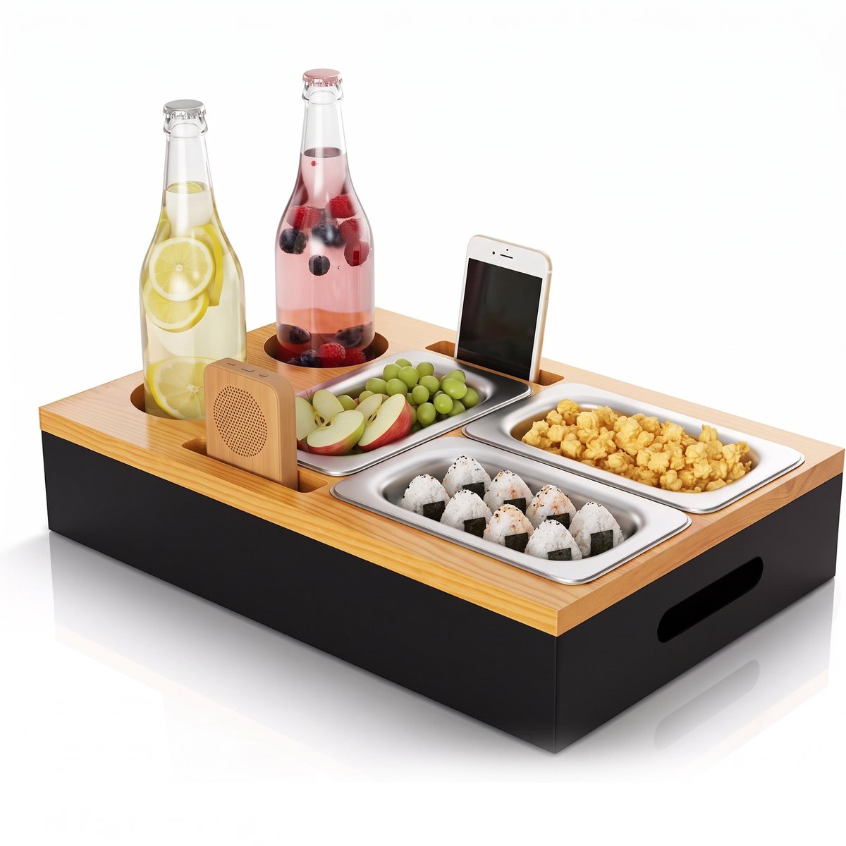 Couch Sofa Bar Snack Box – Houten bankdienblad - 3 uitneembare bakjes - 2 bekerhouders en vakken voor afstandsbediening - 39,7 x 26 x 7,5 cm - Zwart met houtkleurig blad- Voor Bank, Woonkamer, Picknick, Feest en Horeca – Cadeau voor Hem & Haar