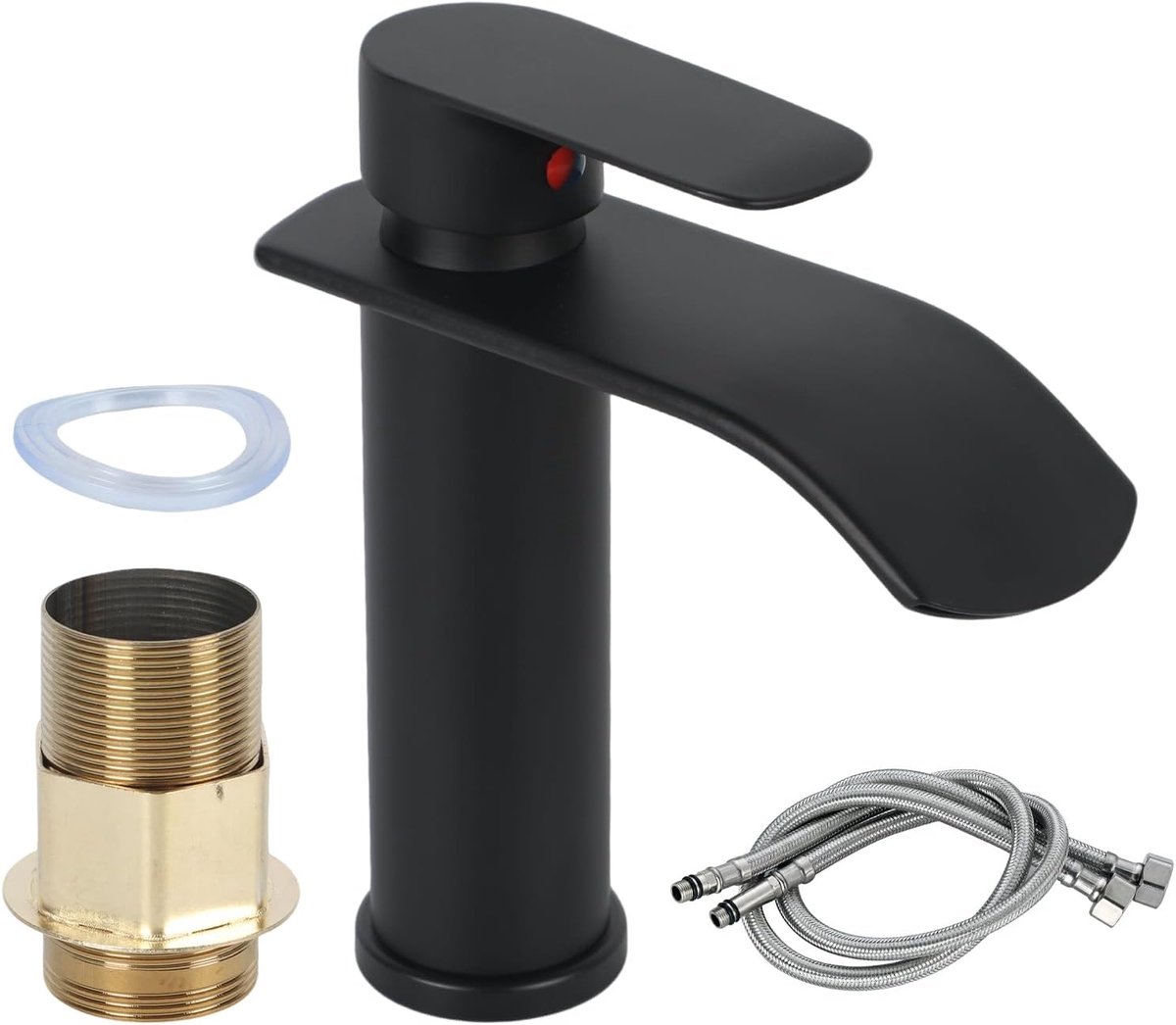Kraan voor badkamer, roestvrij stalen waterval wastafelmengkraan voor koud en warm water in de badkamer met 2 x 60 cm flexibele 3/8 inch slangen, waterbesparend en energiebesparend (zwart)
