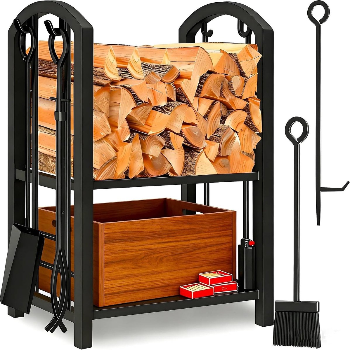Haardblokhouder - Zwart - 74 x 40 x 30 cm - Gepoedercoat Staal - Voor Binnen en Buiten