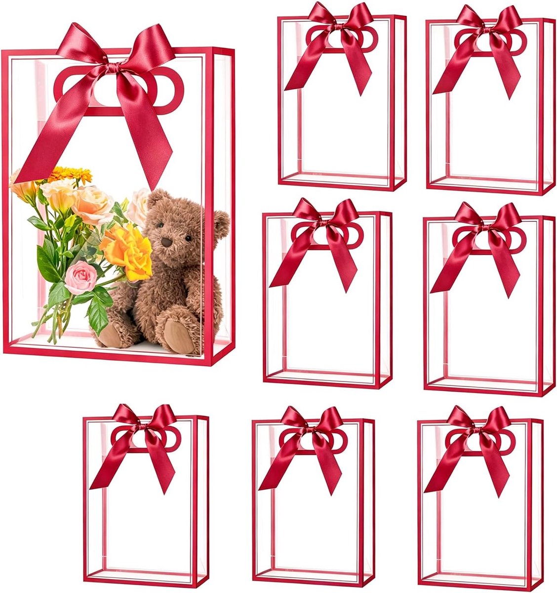 16 stuks doorzichtige PVC-geschenkzakjes met handvatten, plastic, feestzakjes, herbruikbare transparante zakjes voor bruiloft, bruidsfeest, babyshower, verjaardag (rood, 18 x 26 x 8 cm)