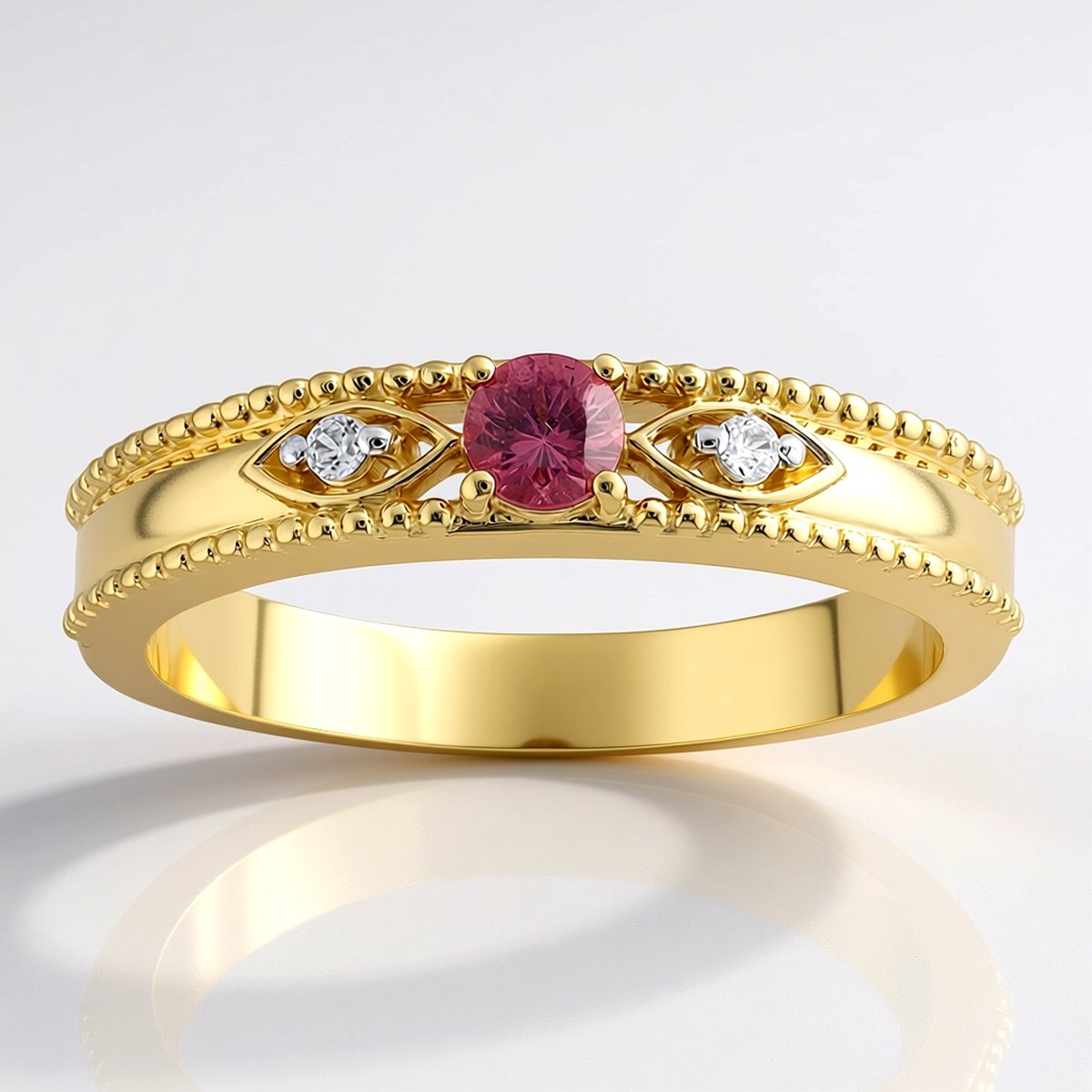 Cavill - Elegante 9 Karaats Geelgouden Ring met 0,179 ct Padparadscha Saffier uit Malawi - Ring met Roze Saffier en 0,037 ct Zirkonen Tanzania