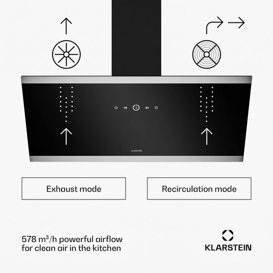 Zwarte Klarstein afzuigkap met glazen front en touchscreen bediening. Toont uitlaat- en recirculatiemodus.