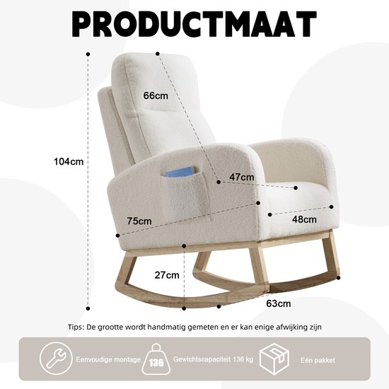 Afmetingen van een crème schommelstoel: 104 cm hoog, 66 cm breed, 47 cm diep, 27 cm zithoogte. Draagvermogen 136 kg.