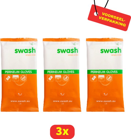 Drie verpakkingen Swash Perineum Gloves, wit met oranje opdruk. Rode tekst "VOORDEEL-VERPAKKING".