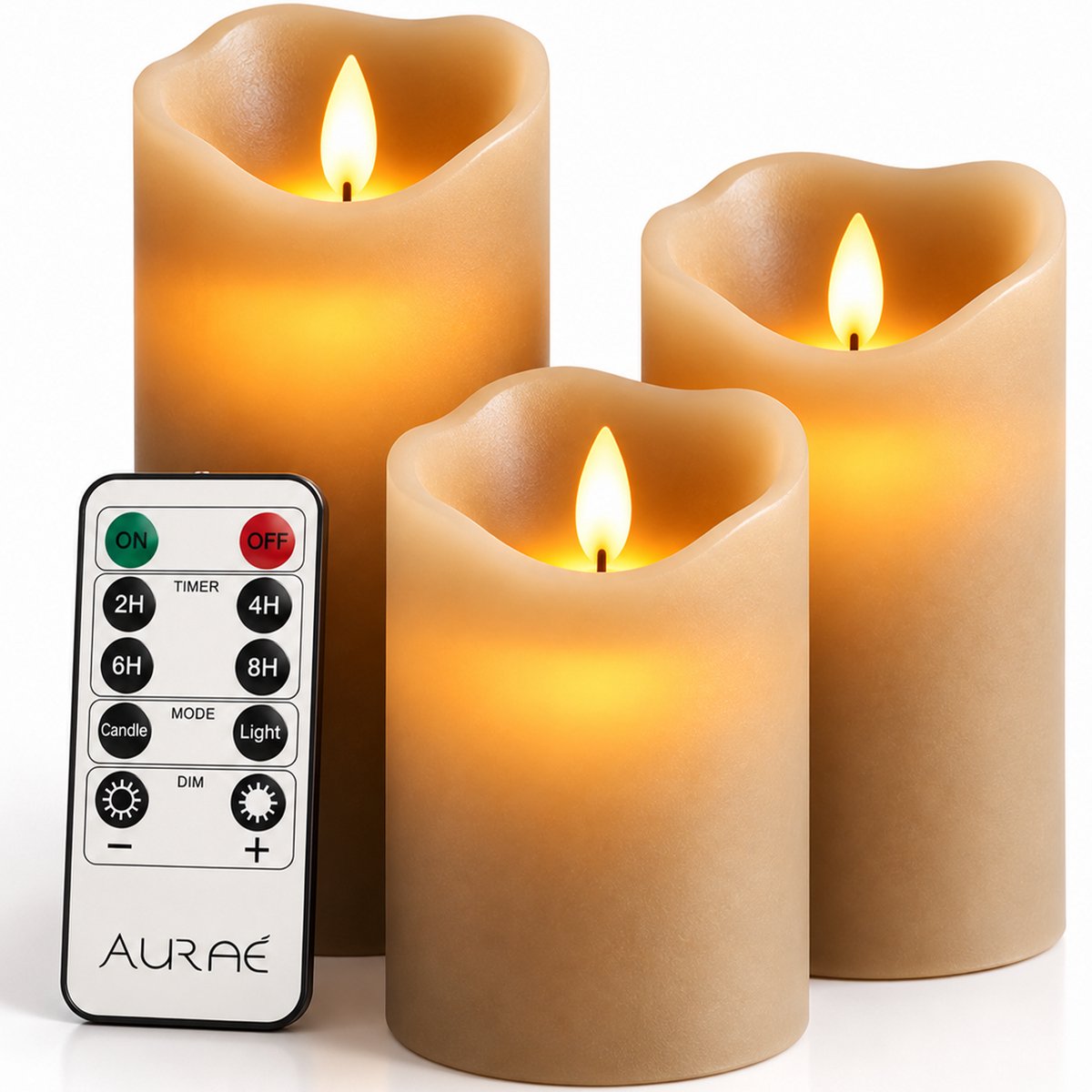 Aurae Led Kaarsen met Bewegende Vlam - 3x - Echte Wax - Afstandsbediening - 250+ Branduren - op Batterijen - Flikkerende Vlam - Timer - Kerst Kaarsen - Taupe