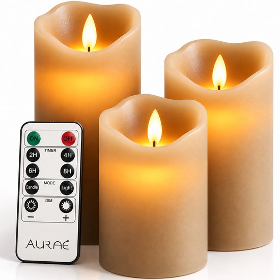 Aurae Led Kaarsen met Bewegende Vlam - 3x - Echte Wax - Afstandsbediening - 250+ Branduren - op Batterijen - Flikkerende Vlam - Timer - Kerst Kaarsen - Taupe