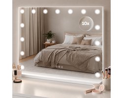 Fraay Hollywood Spiegel met Verlichting - The Spotlight - 60x50cm - LED-Spots met 3 Lichtstanden - Dimbaar - Touch Control - met 10X Vergrootspiegel - Make Up Spiegel - Vanity Spiegel - Mirror - Hollywood Spiegel met Verlichting - Visagie Spiegel