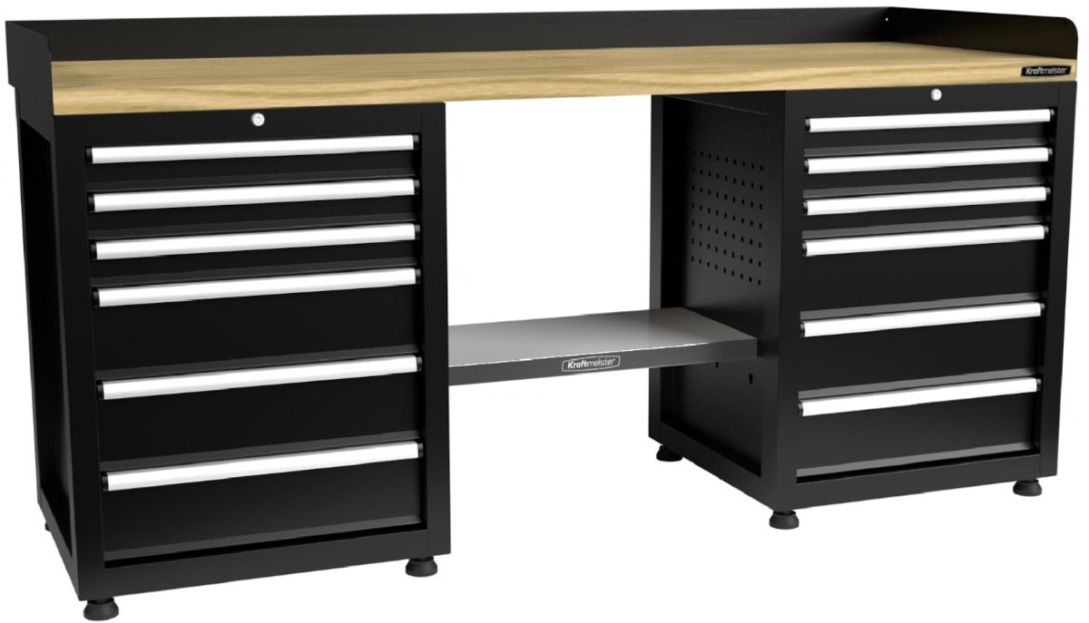 Kraftmeister werkbank 200 cm - Werktafel met 12 laden en eiken werkblad - Zwart