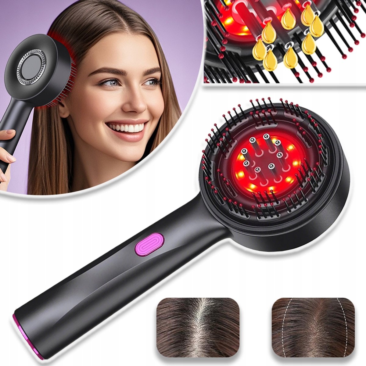 Olie-Applicator En Infrarood Licht – Hoofdhuid Massage Kam Met 3 Vibratiestanden – Automatische Uitschakeling Na 10 Minuten – Oplaadbare Batterij 1400 mAh – Grijs